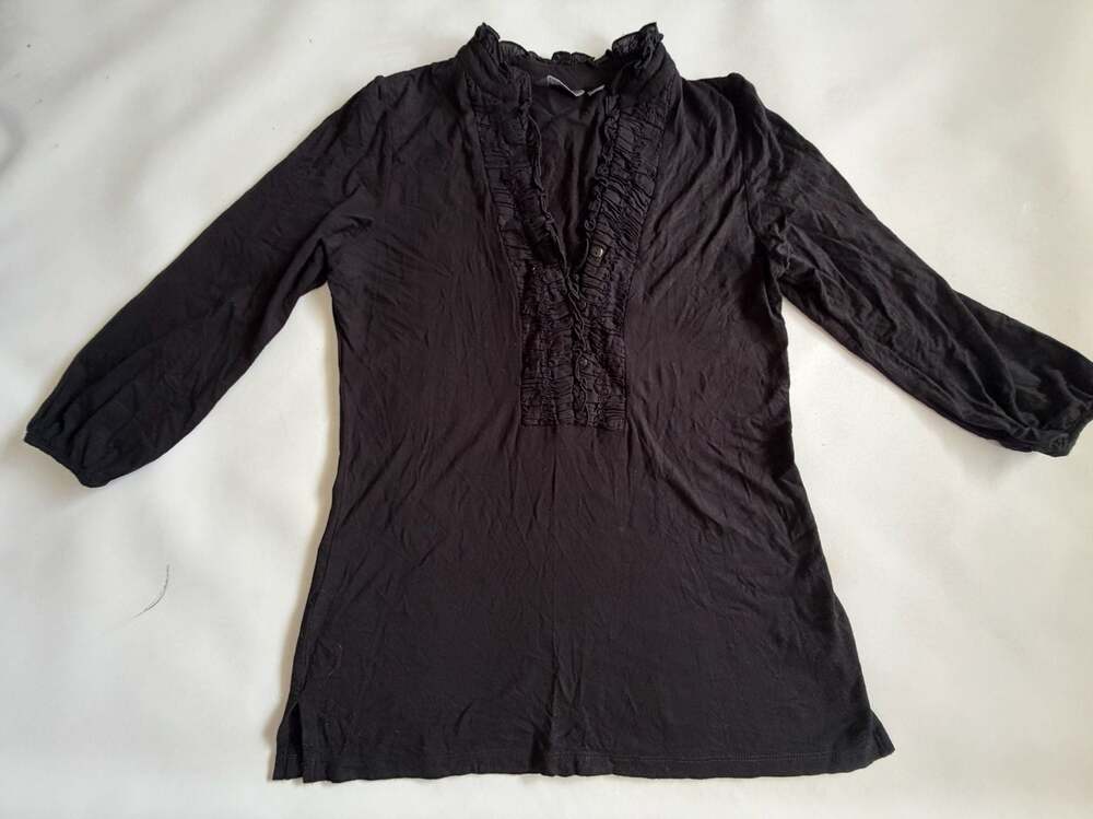 Notto Blouse XS Womens Black Ruffle Button Front Long Sleeve Lightweight